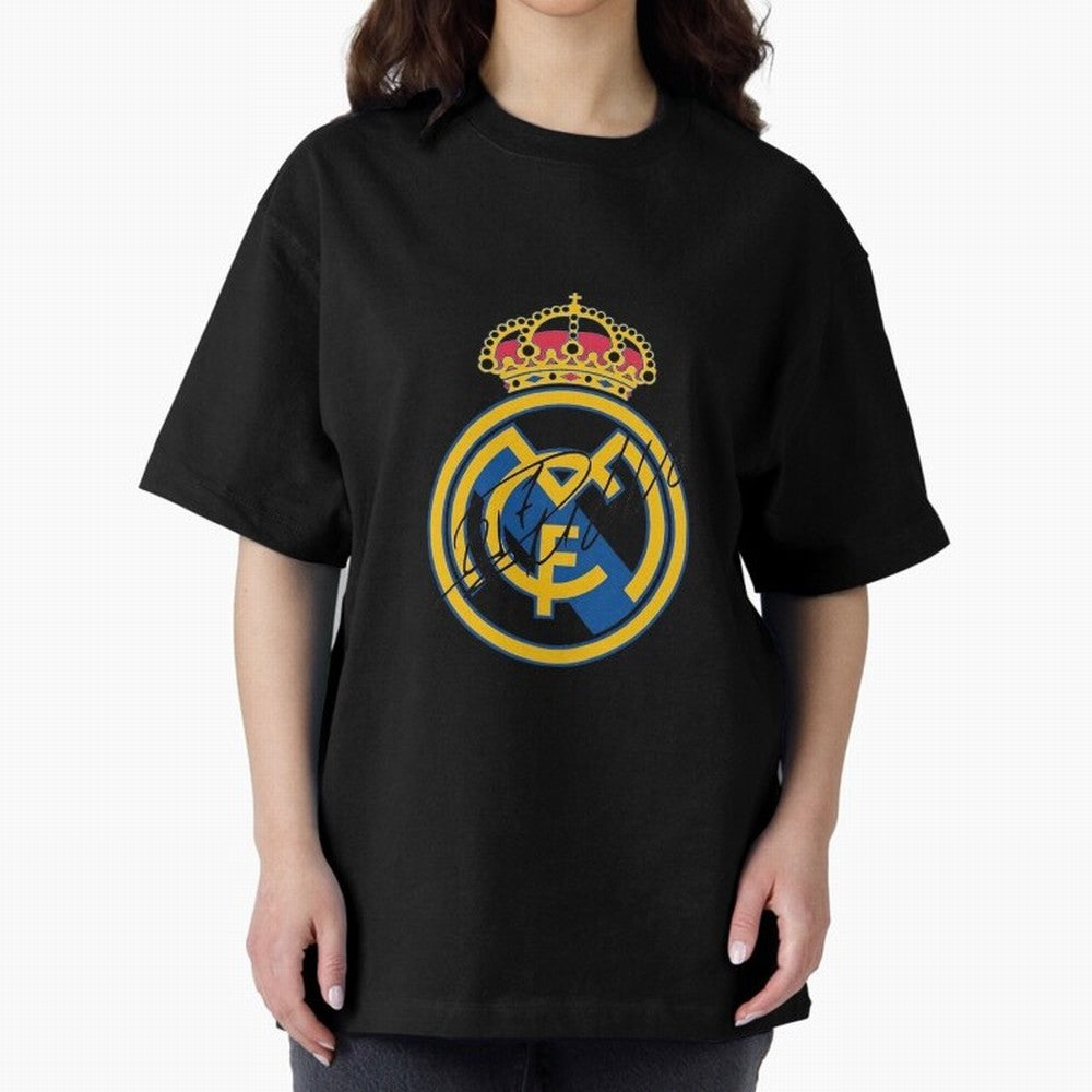 Real Madrid C.F. crest with Cristiano Ronaldo's autograph Oversized T-Shirt Support FIFA World Cup 2026 Group Stage Spirit, Built around Argentina and Brazil, Cristiano Ronaldo, Football Passion, Legendary Performances, Festival Vibes and Supporter