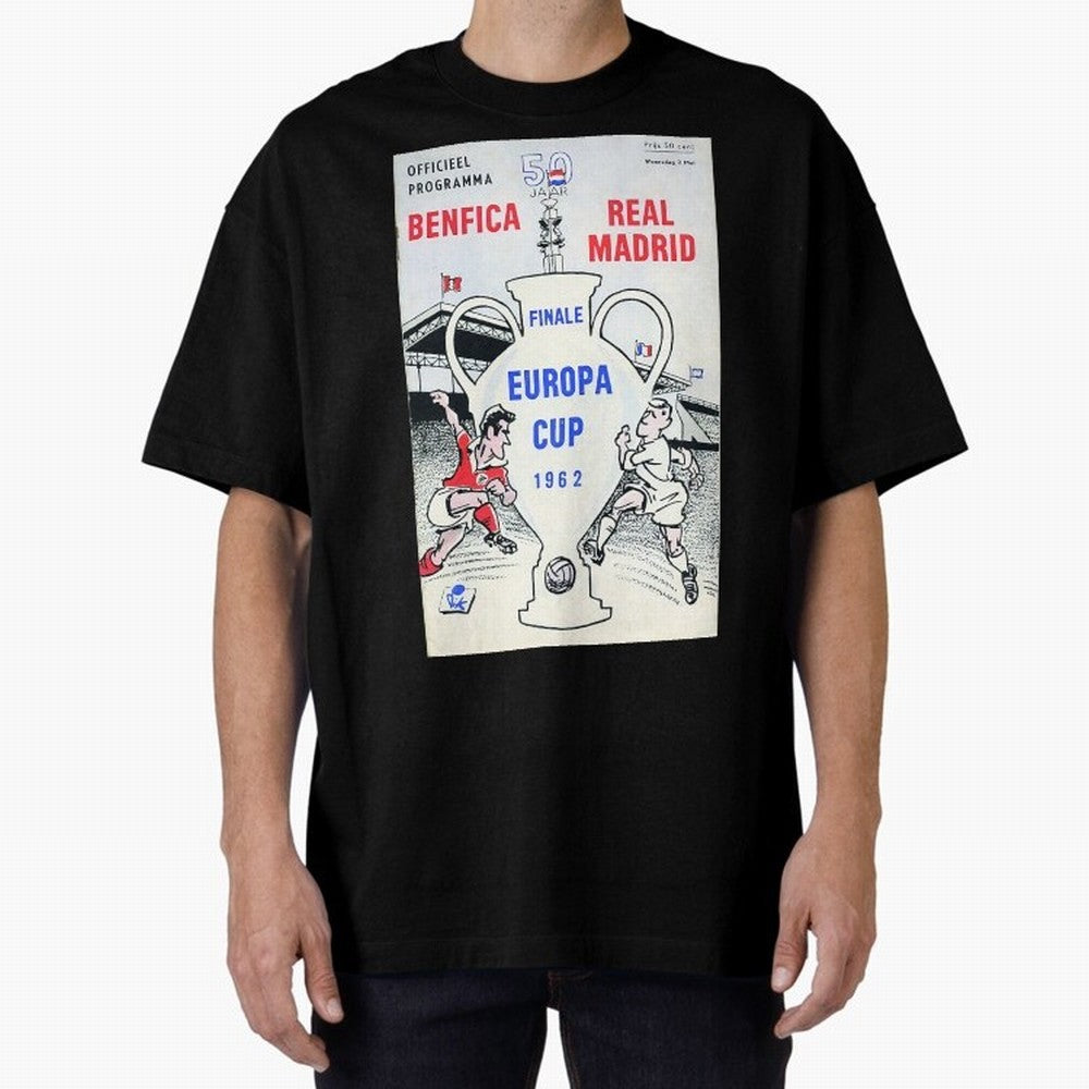 Vintage Champions League Final Poster - Real Madrid vs Benfica Oversized T-Shirt Experience the Global Stage of FIFA World Cup 2026 Group Stage Spirit, Featuring Germany, Mbappe and Neymar, Champion Mindset, Group Stage Buzz, Knockout Tension and