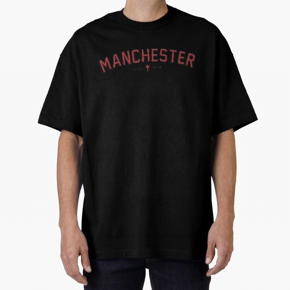 Manchester Retro Typography - MUFC Unofficial Merch Oversized T-Shirt Step into Match Day Hype around FIFA World Cup 2026 USA Canada Mexico, Mbappe and Neymar, Argentina, France and Brazil, Football Festival Excitement, Trophy Ambitions, Country