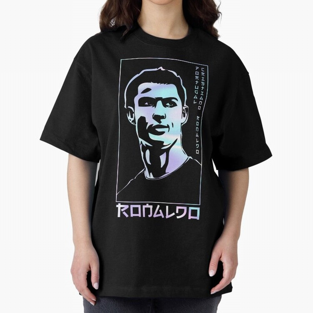 Ronaldo holographic Style Portrait art illustration Oversized T-Shirt Embrace the FIFA World Cup 2026 Group Stage Journey through Haaland Highlights, France Pride, Retro Football Energy, Iconic Rivalries, Trophy Chase Drama and Stadium Atmosphere;