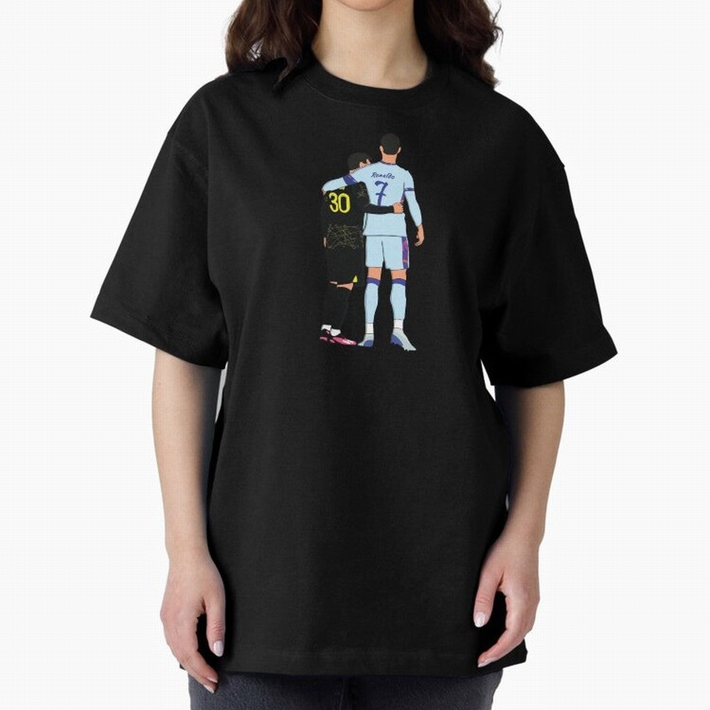 Messi and Ronaldo Reunion Illustration Oversized T-Shirt Show Match Day Excitement for Match Day Hype around FIFA World Cup 2026, Mbappe and Neymar, Argentina and Brazil, Game Day Rituals, Football Legends, Country Pride and the Road to the Final;