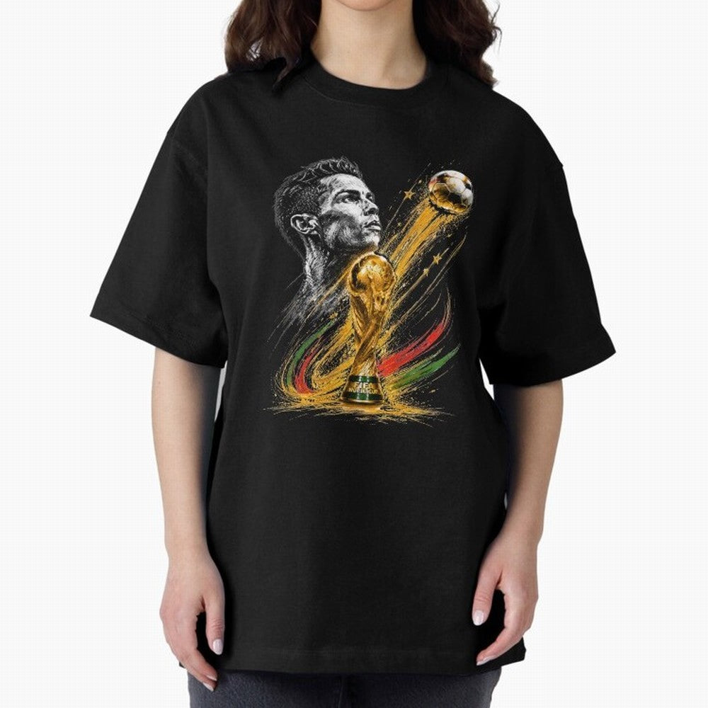 Ronaldo with World Cup Oversized T-Shirt Support Match Day Hype around FIFA World Cup 2026 USA Canada Mexico, Cristiano Ronaldo, Haaland and CR7, Netherlands, Vintage Soccer Flavor, Modern Football Stars, National Flags and Final Night Emotion;