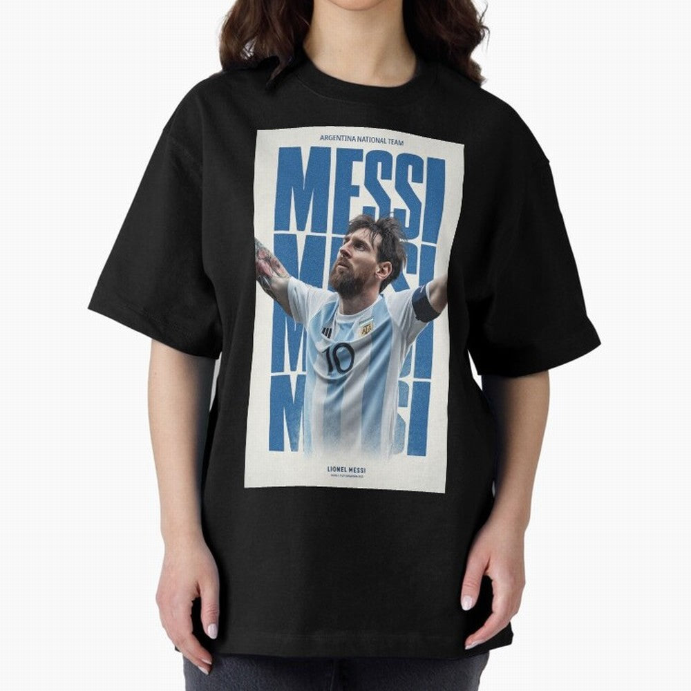 Messi Champion Graphic Oversized T-Shirt Celebrate Fan Culture around Match Day Hype around FIFA World Cup 2026 Group Stage, Messi, CR7 and Mbappe, Portugal, Global Supporter Spirit, Legendary Goals, National Colors and Tournament Celebration; Made