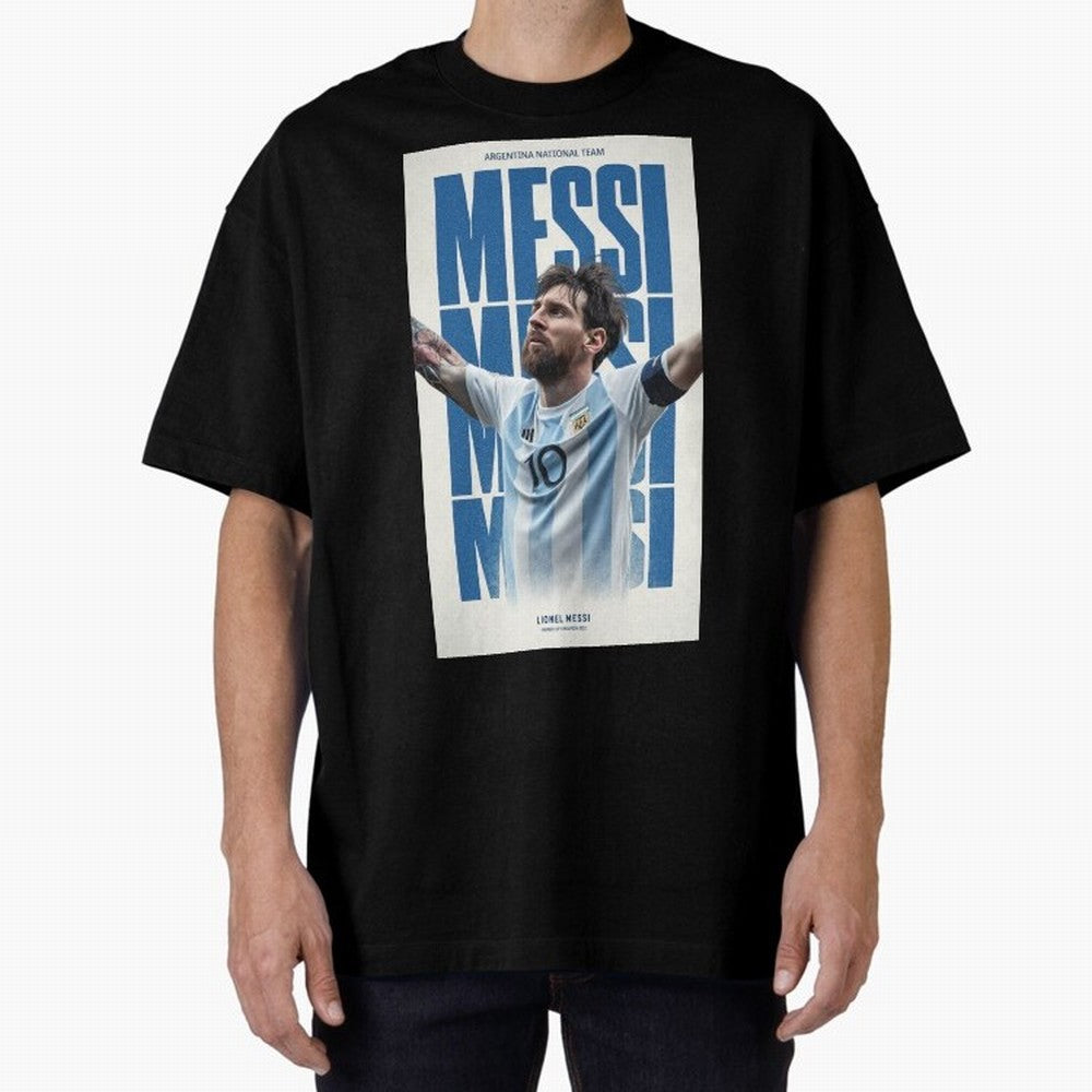 Messi Champion Graphic Oversized T-Shirt Celebrate Fan Culture around Match Day Hype around FIFA World Cup 2026 Group Stage, Messi, CR7 and Mbappe, Portugal, Global Supporter Spirit, Legendary Goals, National Colors and Tournament Celebration; Made