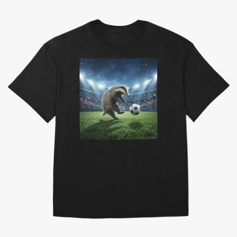 Dynamic Badger Plays Soccer Like Ronaldo Oversized T-Shirt Represent Global Football Passion for FIFA World Cup 2026 USA Canada Mexico, Inspired by Messi, CR7 and Mbappe, Portugal, Worldwide Fan Energy, Dramatic Goals, Stadium Lights and