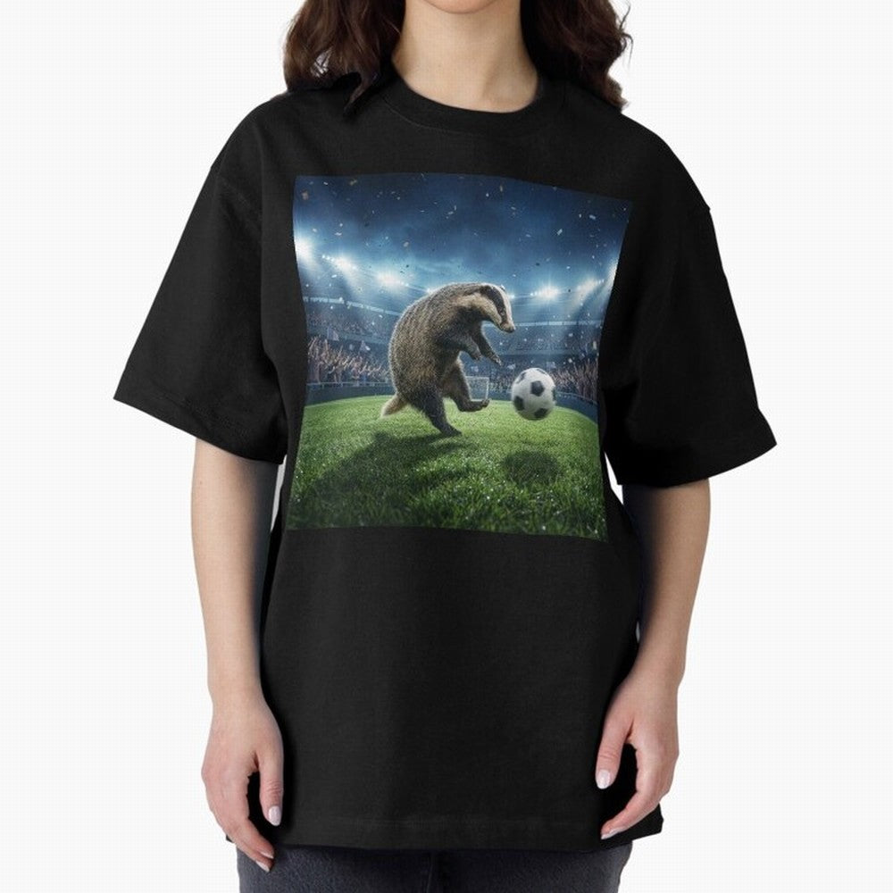 Dynamic Badger Plays Soccer Like Ronaldo Oversized T-Shirt Represent Global Football Passion for FIFA World Cup 2026 USA Canada Mexico, Inspired by Messi, CR7 and Mbappe, Portugal, Worldwide Fan Energy, Dramatic Goals, Stadium Lights and