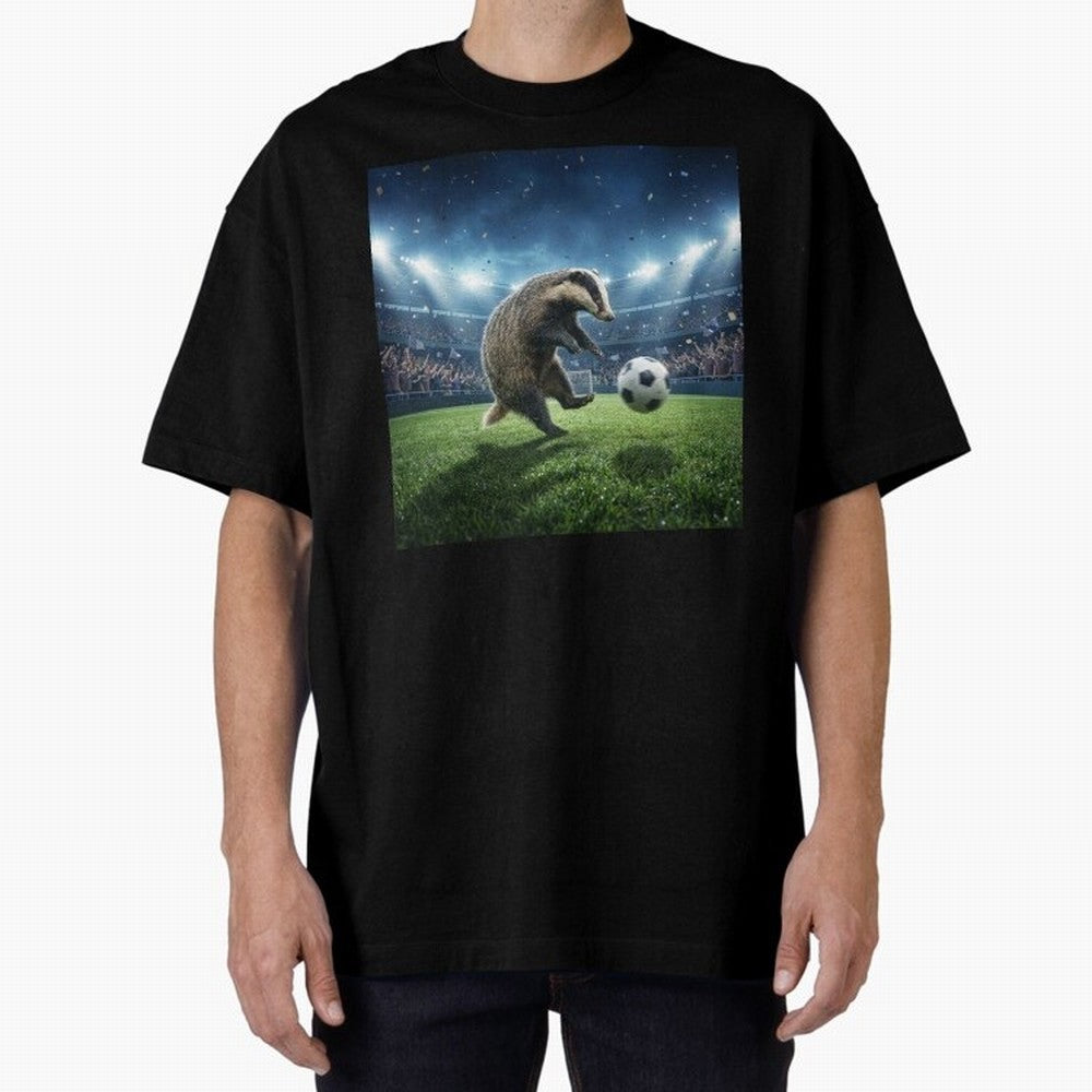 Dynamic Badger Plays Soccer Like Ronaldo Oversized T-Shirt Represent Global Football Passion for FIFA World Cup 2026 USA Canada Mexico, Inspired by Messi, CR7 and Mbappe, Portugal, Worldwide Fan Energy, Dramatic Goals, Stadium Lights and