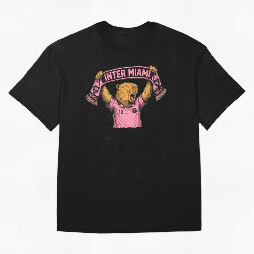 Capybara Inter Miami Fan Celebrating ¨C Funny Soccer Illustration with Scarf Oversized T-Shirt Show Match Day Excitement for Match Day Hype around FIFA World Cup 2026 USA Canada Mexico, Haaland and Mbappe, Argentina, France and Brazil, Global