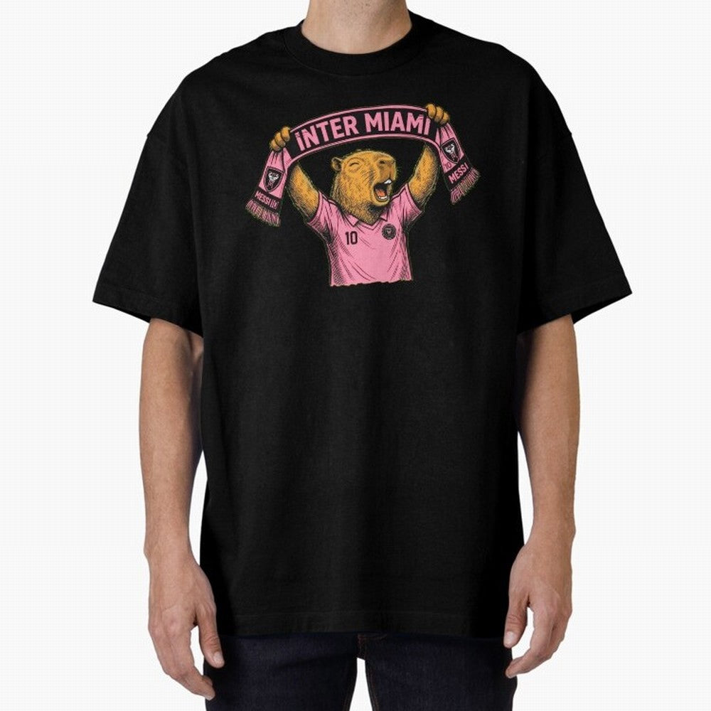 Capybara Inter Miami Fan Celebrating ¨C Funny Soccer Illustration with Scarf Oversized T-Shirt Show Match Day Excitement for Match Day Hype around FIFA World Cup 2026 USA Canada Mexico, Haaland and Mbappe, Argentina, France and Brazil, Global