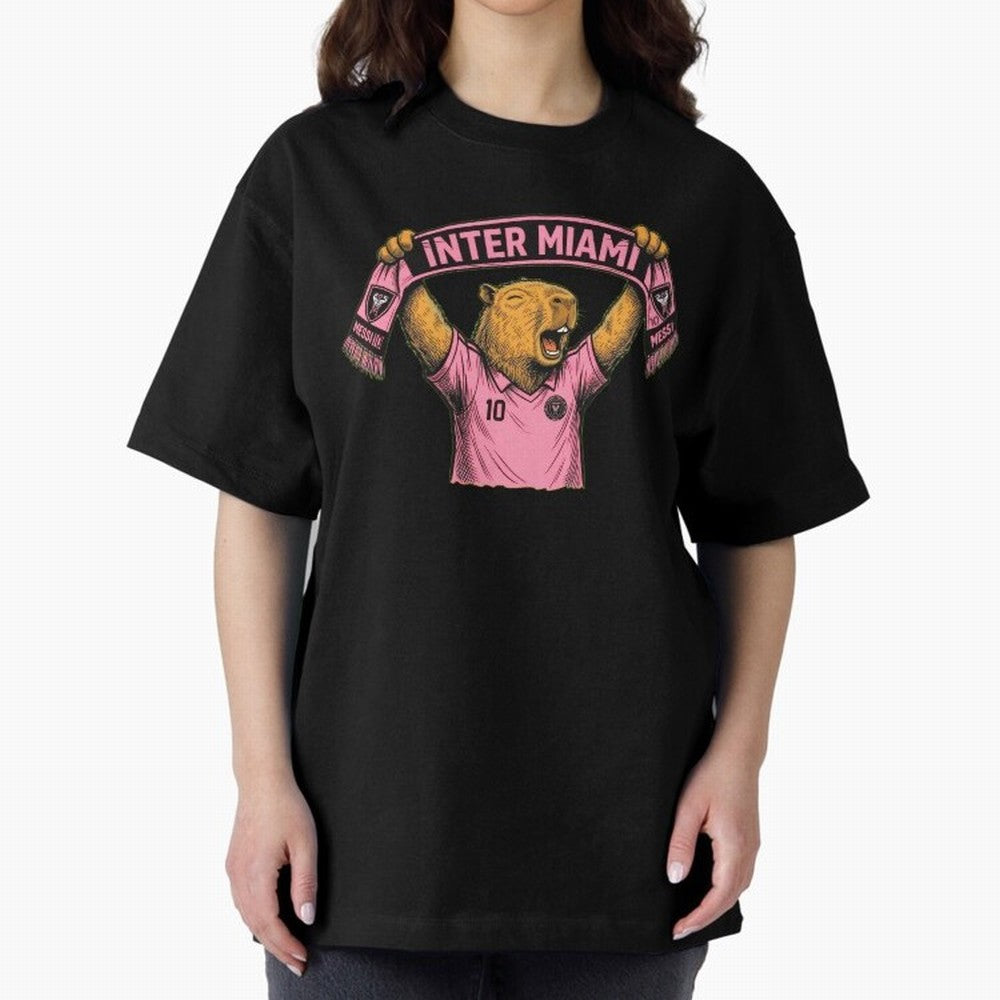 Capybara Inter Miami Fan Celebrating ¨C Funny Soccer Illustration with Scarf Oversized T-Shirt Show Match Day Excitement for Match Day Hype around FIFA World Cup 2026 USA Canada Mexico, Haaland and Mbappe, Argentina, France and Brazil, Global