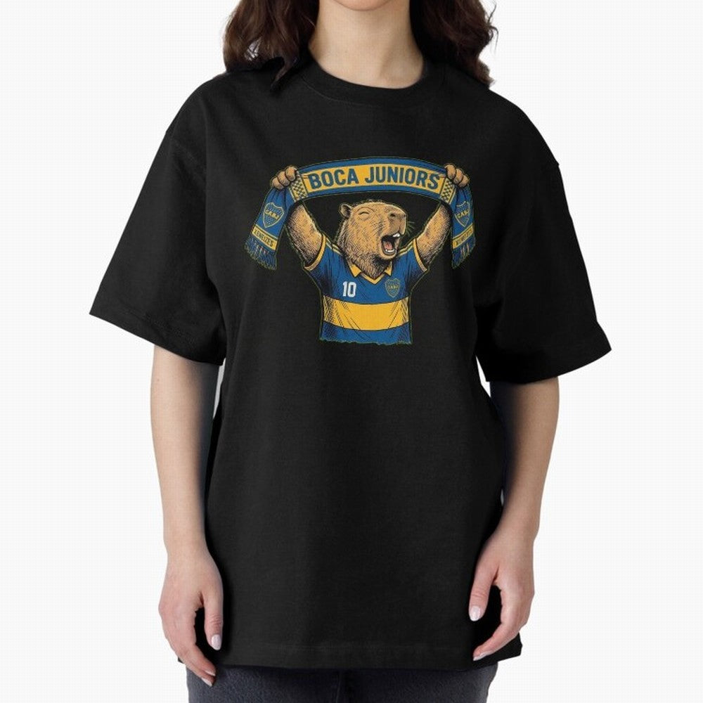 Capybara Boca Juniors Fan ¨C Funny Soccer Sticker Oversized T-Shirt Celebrate Golden Goal Energy in FIFA World Cup 2026 Group Stage for Fans of Messi and France and Portugal, Bringing Sports Nostalgia, International Competition, Famous Players and