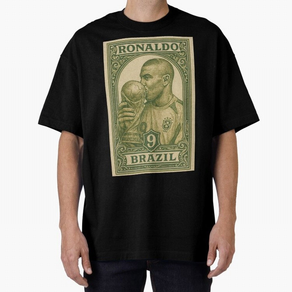 Vintage Brazilian Ronaldo Fenomeno R9 Football Legend Stamp Illustration ¨C Retro Soccer World Cup Art Print Oversized T-Shirt Upgrade FIFA World Cup 2026 for Fans of Mbappe and England, Bringing Football Festival Excitement, Trophy Ambitions,