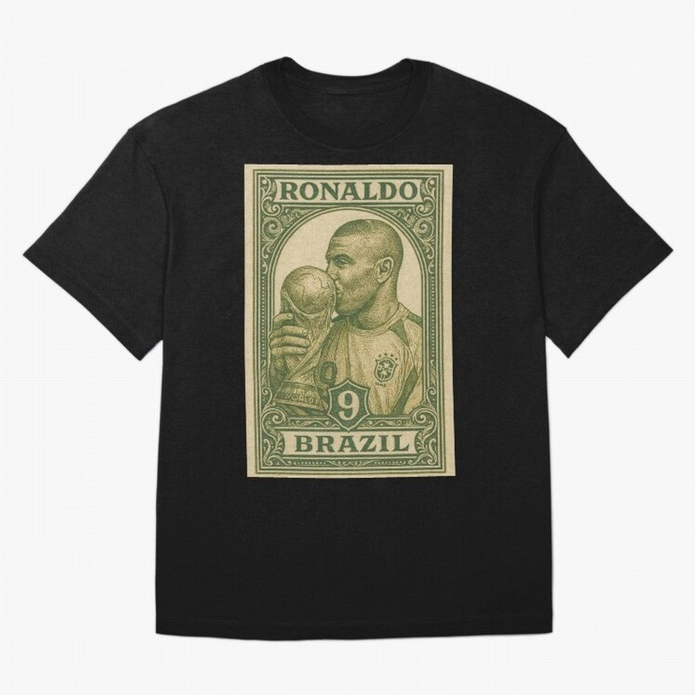 Vintage Brazilian Ronaldo Fenomeno R9 Football Legend Stamp Illustration ¨C Retro Soccer World Cup Art Print Oversized T-Shirt Upgrade FIFA World Cup 2026 for Fans of Mbappe and England, Bringing Football Festival Excitement, Trophy Ambitions,