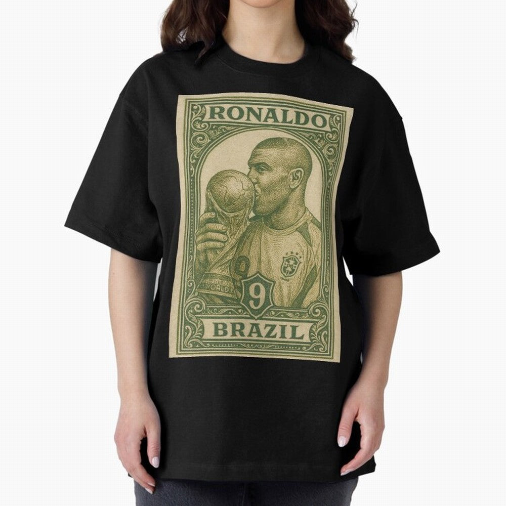 Vintage Brazilian Ronaldo Fenomeno R9 Football Legend Stamp Illustration ¨C Retro Soccer World Cup Art Print Oversized T-Shirt Upgrade FIFA World Cup 2026 for Fans of Mbappe and England, Bringing Football Festival Excitement, Trophy Ambitions,