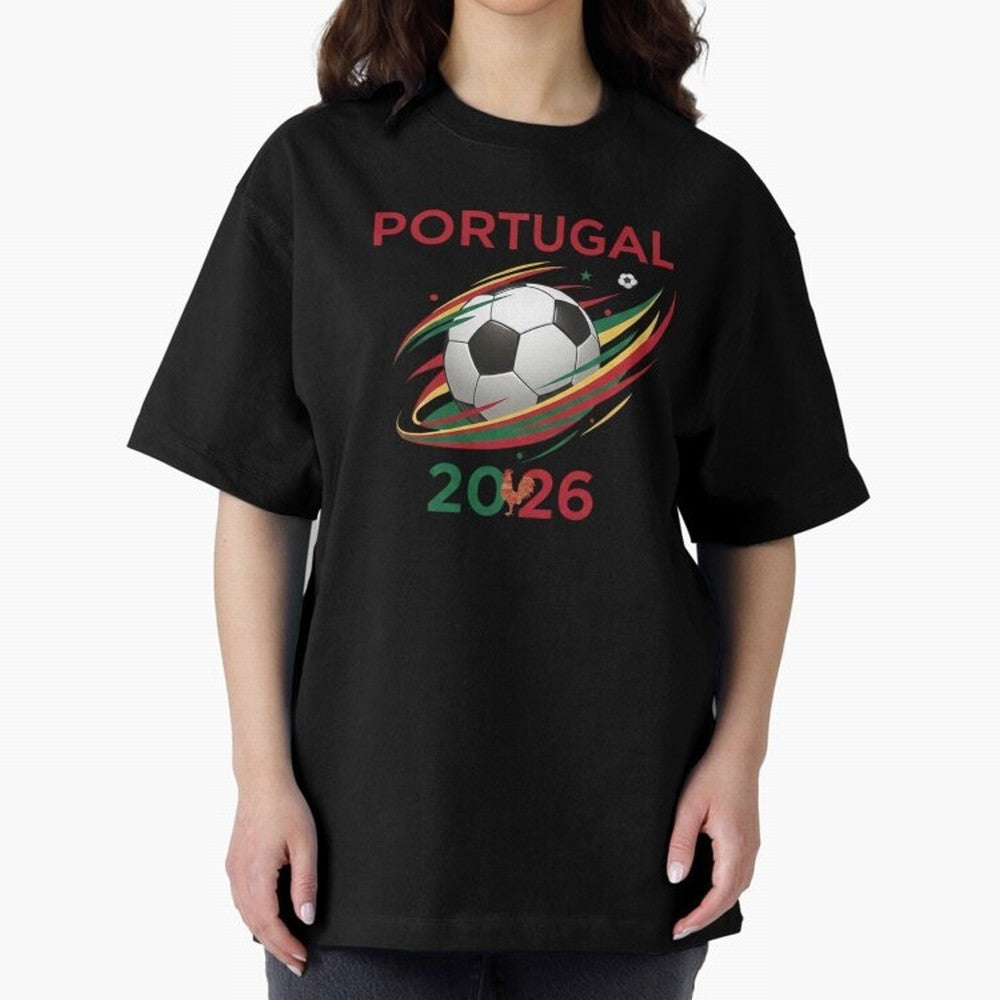 Camiseta Portugal 2026 - Bola de Futebol e Design Galo de Barcelos. Oversized T-Shirt Honor Football Greatness during Global Football Passion for FIFA World Cup 2026 Group Stage, Highlighting Neymar, Portugal, Spain and Germany, Football Festival
