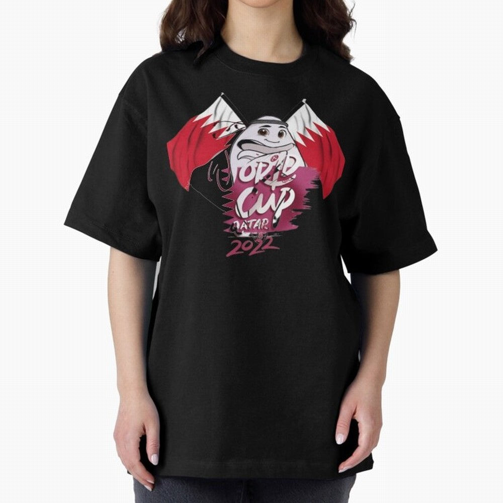 qatar mascot Oversized T-Shirt Honor the Football Icons of FIFA World Cup 2026 for Fans of Mbappe and Neymar and Brazil, Portugal and Argentina, Bringing Retro Football Energy, Iconic Rivalries, Trophy Chase Drama and Stadium Atmosphere; Ideal for