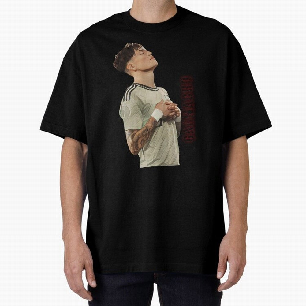 Alejandro Garnacho Oversized T-Shirt Honor Football Greatness during Match Day Hype around FIFA World Cup 2026 USA Canada Mexico, Mbappe, England, Global Supporter Spirit, Legendary Goals, National Colors and Tournament Celebration; Created for