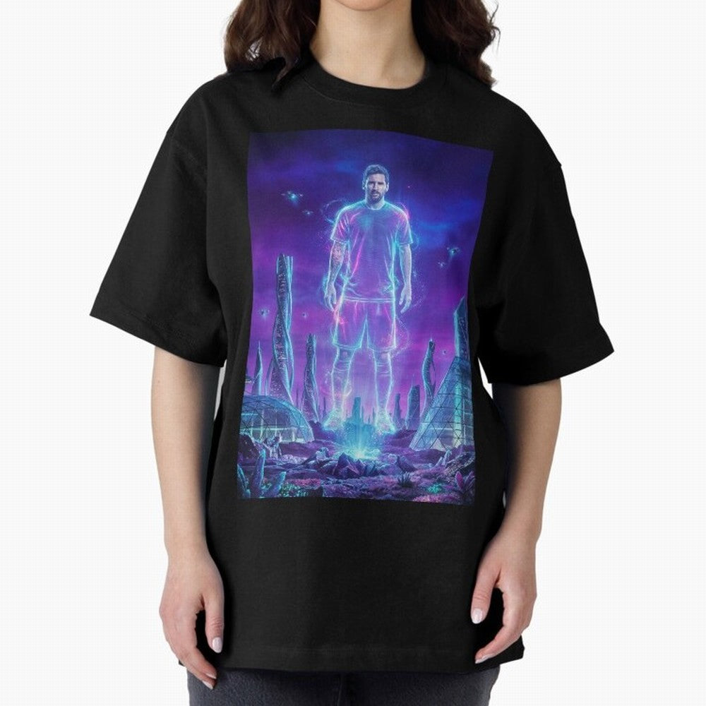 Lionel Messi (GOAT) Hologram in Futuristic Cyberpunk City (Version 5) Classic T-Shirt Honor the Beautiful Game during FIFA World Cup 2026 for Fans of Cristiano Ronaldo and France and Portugal, Bringing Match Day Excitement, Supporter Culture,
