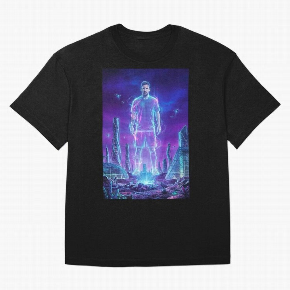 Lionel Messi (GOAT) Hologram in Futuristic Cyberpunk City (Version 5) Classic T-Shirt Honor the Beautiful Game during FIFA World Cup 2026 for Fans of Cristiano Ronaldo and France and Portugal, Bringing Match Day Excitement, Supporter Culture,