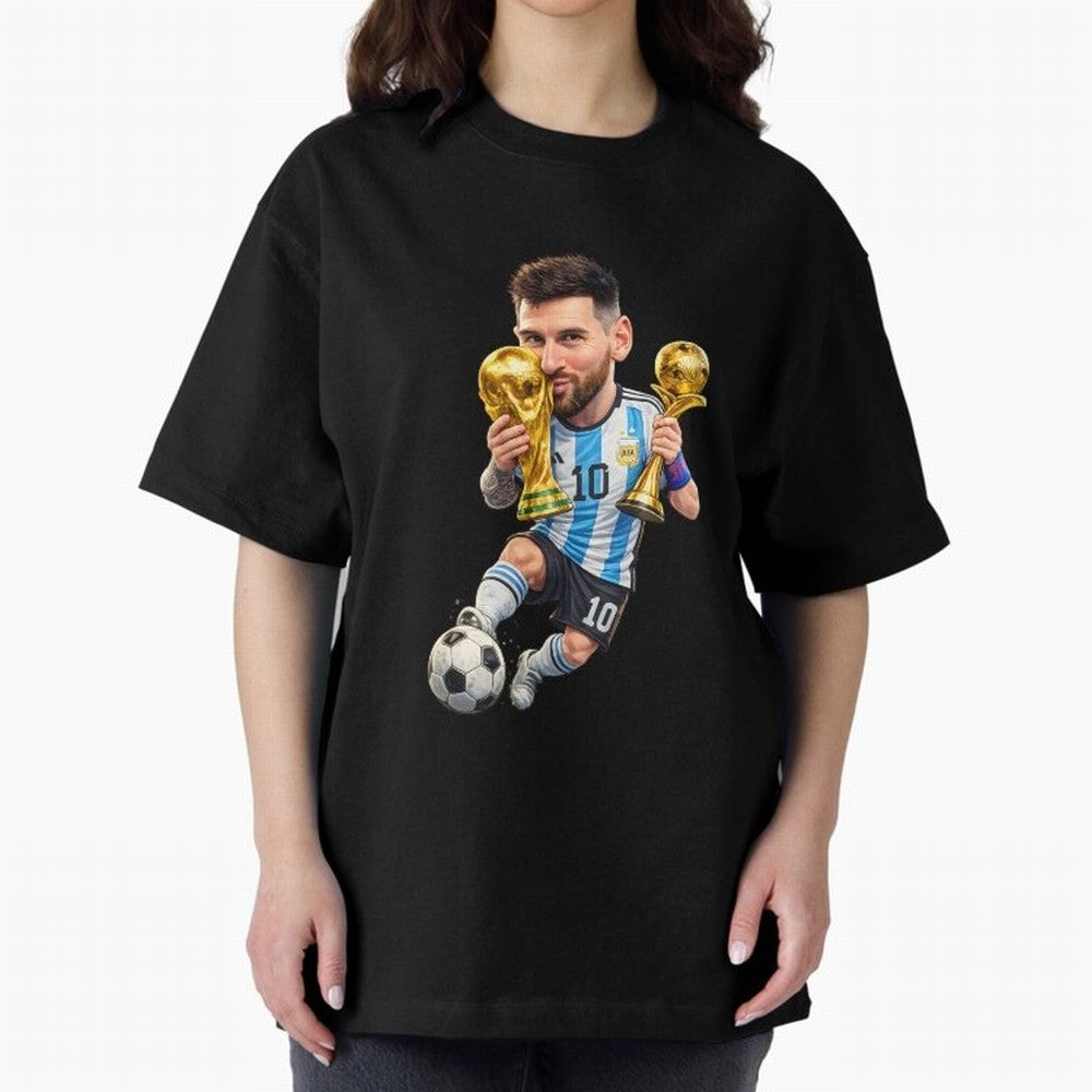 Lionel Messi ¨C Trophy King Caricature Oversized T-Shirt Turn Up for the FIFA World Cup 2026 Group Stage Journey through Haaland Highlights, England Pride, Global Supporter Spirit, Legendary Goals, National Colors and Tournament Celebration; Built