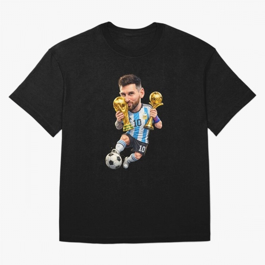 Lionel Messi ¨C Trophy King Caricature Oversized T-Shirt Turn Up for the FIFA World Cup 2026 Group Stage Journey through Haaland Highlights, England Pride, Global Supporter Spirit, Legendary Goals, National Colors and Tournament Celebration; Built