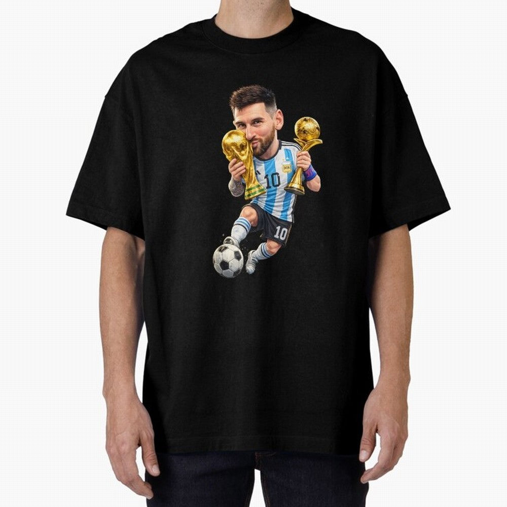 Lionel Messi ¨C Trophy King Caricature Oversized T-Shirt Turn Up for the FIFA World Cup 2026 Group Stage Journey through Haaland Highlights, England Pride, Global Supporter Spirit, Legendary Goals, National Colors and Tournament Celebration; Built
