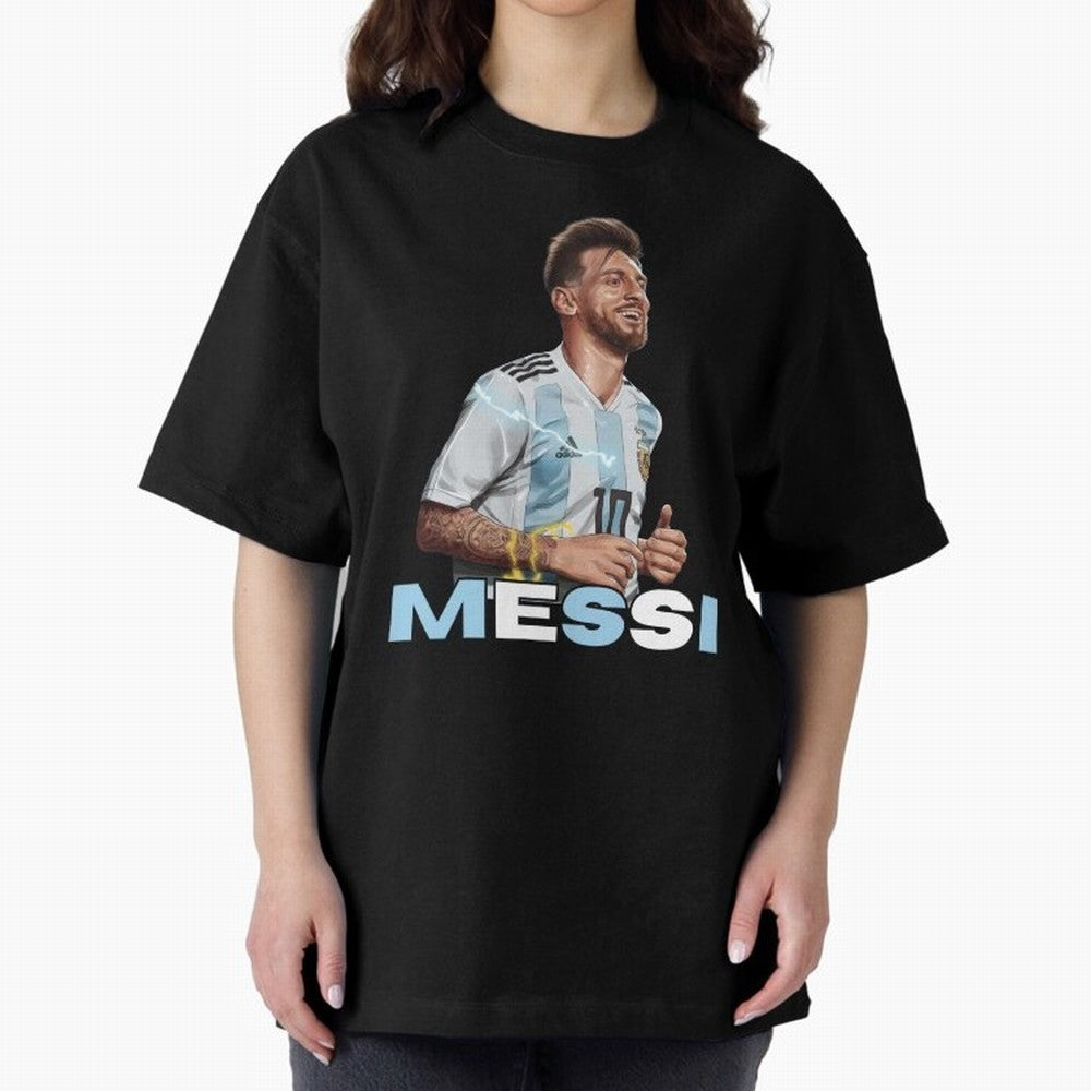 Lionel Messi Oversized T-Shirt Honor Football Greatness during Global Football Passion for FIFA World Cup 2026 USA Canada Mexico, Celebrating Messi, CR7 and Mbappe, Portugal, Spain and Germany, Sports Nostalgia, International Competition, Famous