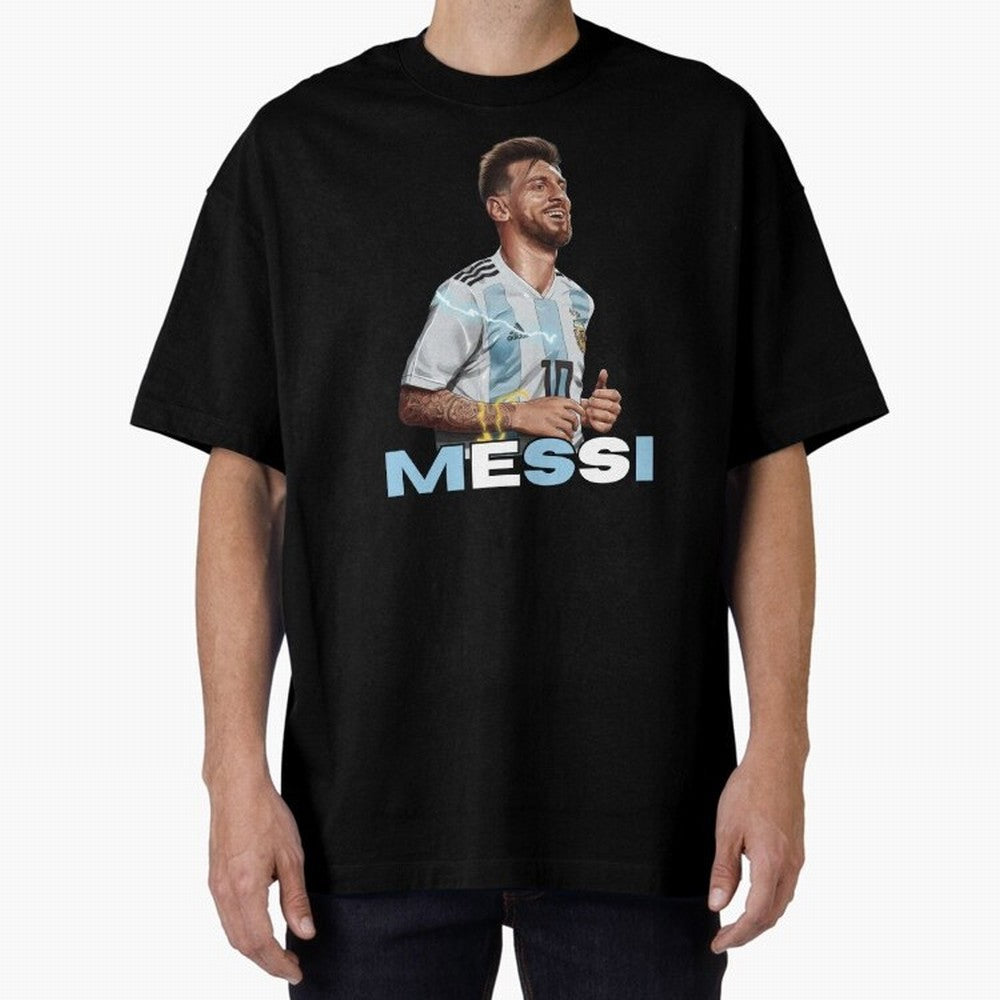 Lionel Messi Oversized T-Shirt Honor Football Greatness during Global Football Passion for FIFA World Cup 2026 USA Canada Mexico, Celebrating Messi, CR7 and Mbappe, Portugal, Spain and Germany, Sports Nostalgia, International Competition, Famous