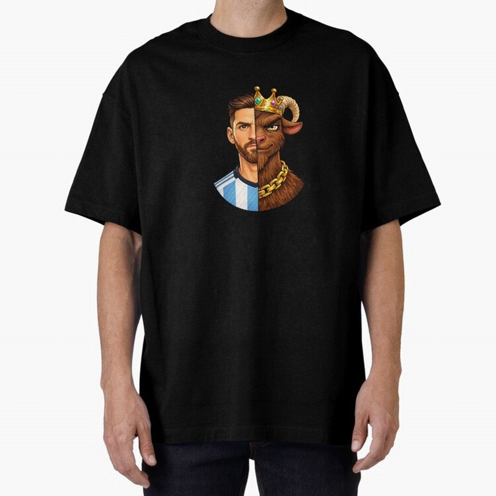 Half Man Half GOAT - Lionel Messi Oversized T-Shirt Keep the Legacy of the FIFA World Cup 2026 USA Canada Mexico Journey through Mbappe Highlights, Brazil Pride, Stadium Chants, National Pride, Trophy Dreams and Unforgettable Football Memories;