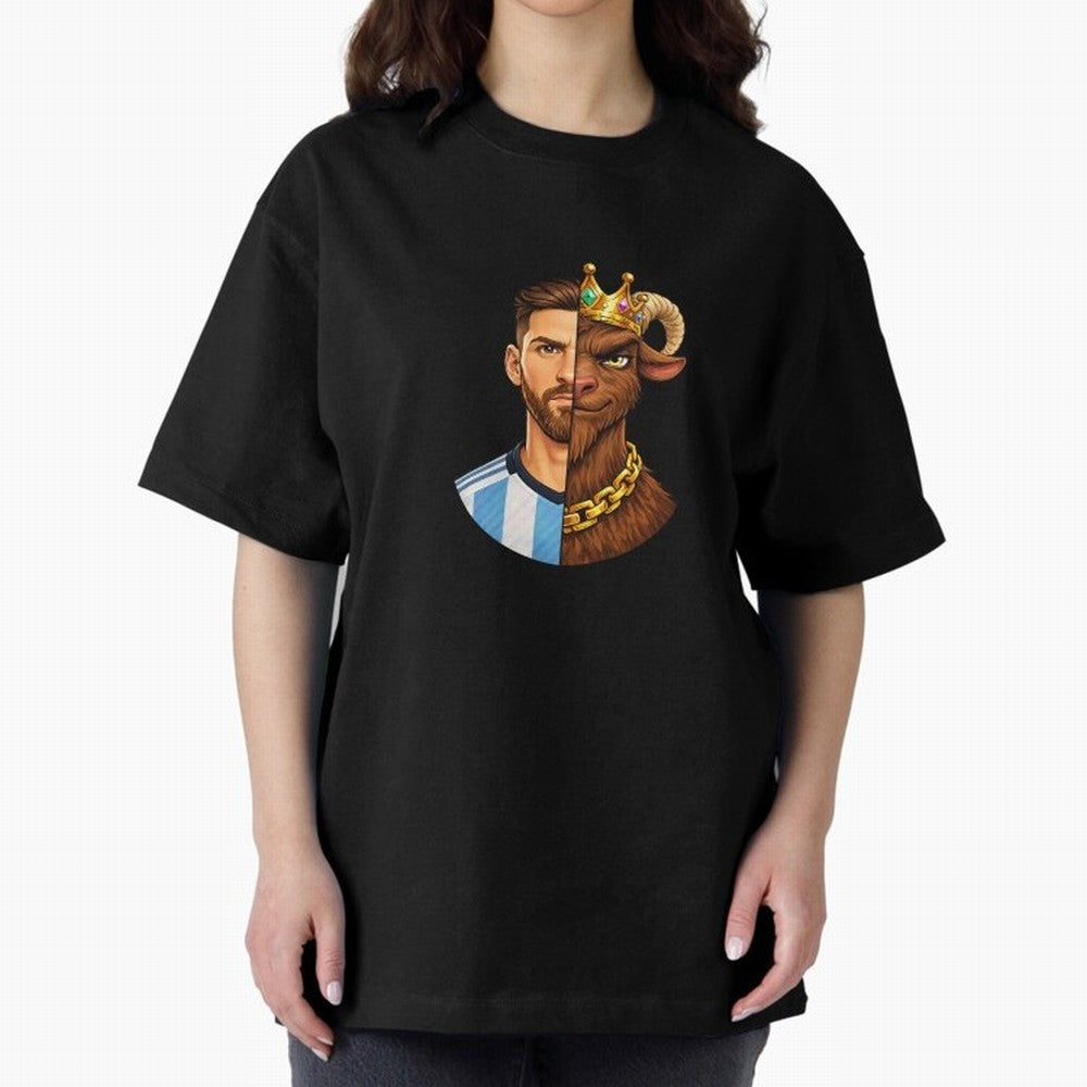 Half Man Half GOAT - Lionel Messi Oversized T-Shirt Keep the Legacy of the FIFA World Cup 2026 USA Canada Mexico Journey through Mbappe Highlights, Brazil Pride, Stadium Chants, National Pride, Trophy Dreams and Unforgettable Football Memories;