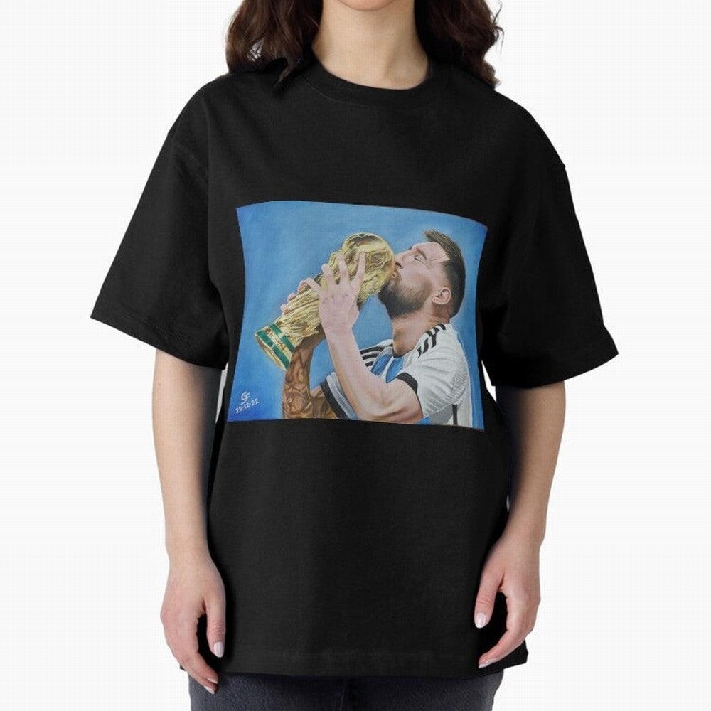 Lionel Messi Oversized T-Shirt Honor Football Greatness during Global Football Passion for FIFA World Cup 2026 USA Canada Mexico, Celebrating Messi, CR7 and Mbappe, Portugal, Spain and Germany, Sports Nostalgia, International Competition, Famous