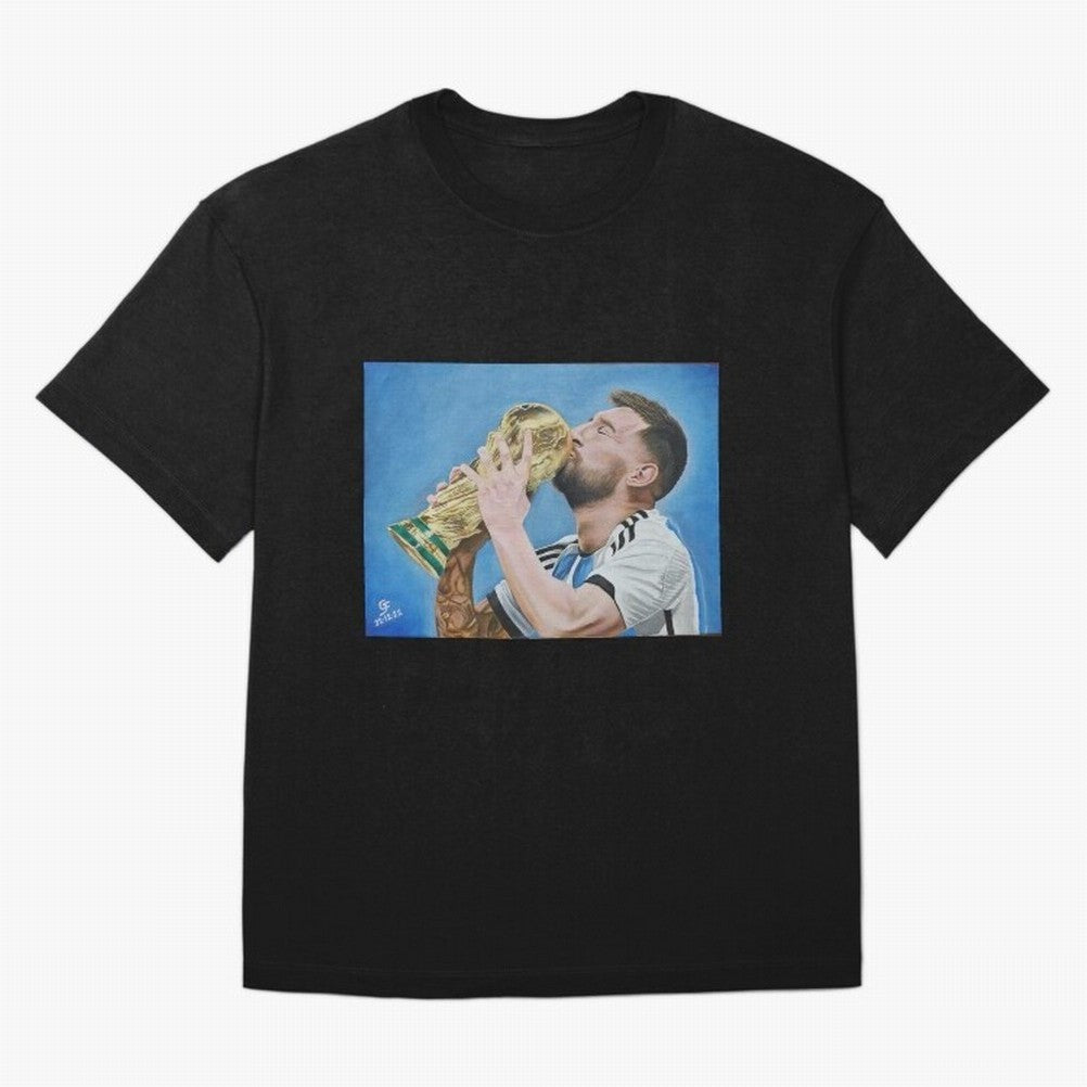 Lionel Messi Oversized T-Shirt Honor Football Greatness during Global Football Passion for FIFA World Cup 2026 USA Canada Mexico, Celebrating Messi, CR7 and Mbappe, Portugal, Spain and Germany, Sports Nostalgia, International Competition, Famous