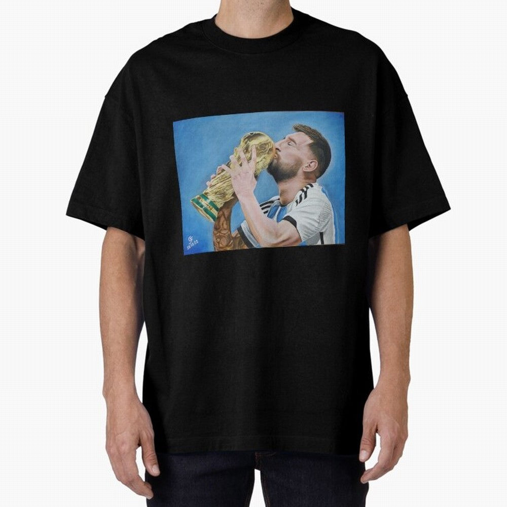 Lionel Messi Oversized T-Shirt Honor Football Greatness during Global Football Passion for FIFA World Cup 2026 USA Canada Mexico, Celebrating Messi, CR7 and Mbappe, Portugal, Spain and Germany, Sports Nostalgia, International Competition, Famous