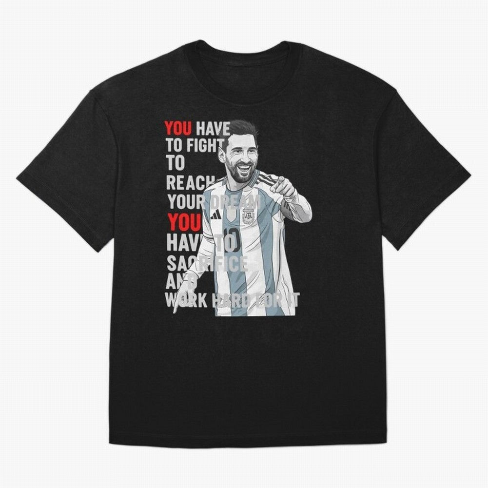 Lionel Messi Dream & Sacrifice Oversized T-Shirt Celebrate the Stars of Global Football Passion for FIFA World Cup 2026, Connected to Haaland, Argentina, France and Brazil, Football Festival Excitement, Trophy Ambitions, Country Rivalries and Star