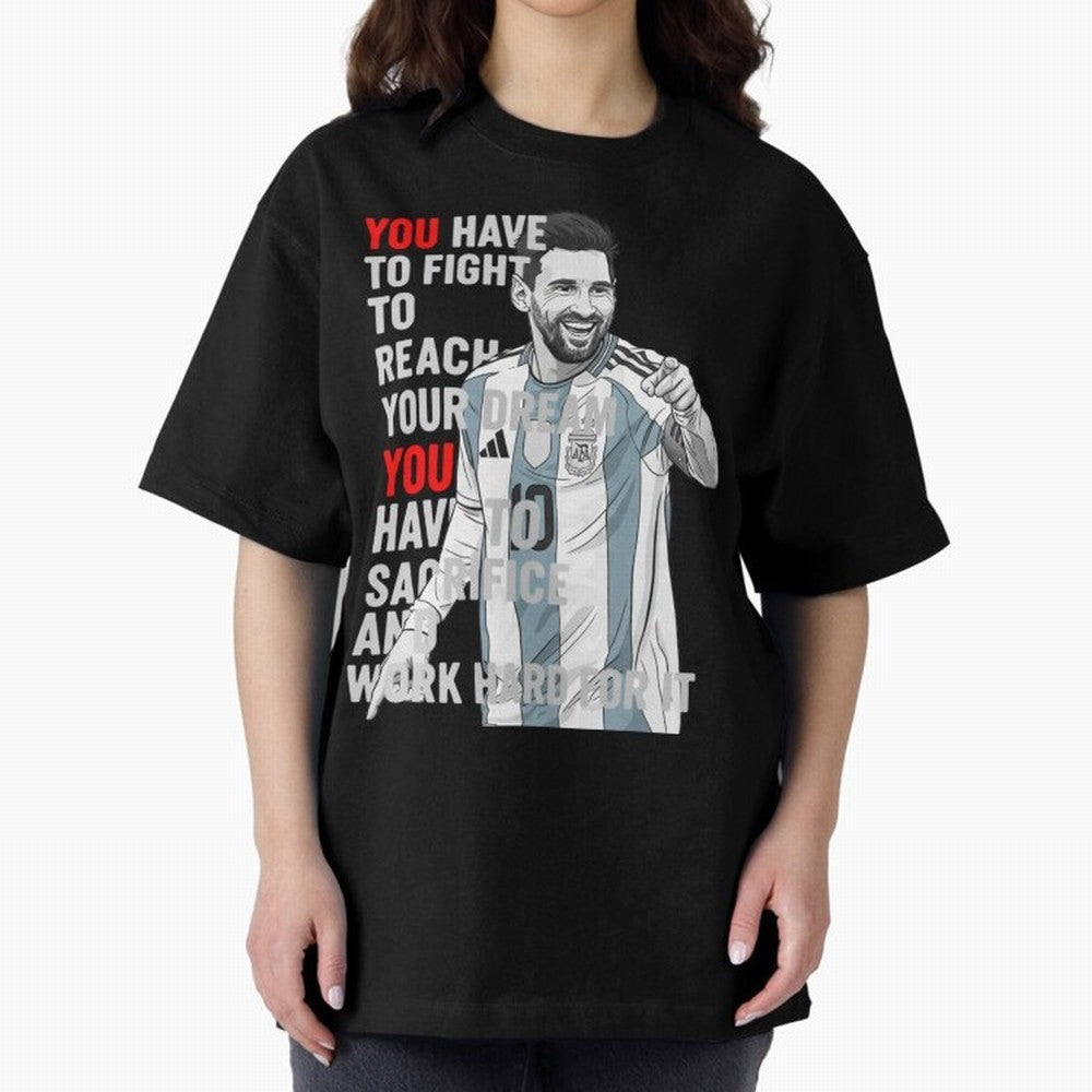 Lionel Messi Dream & Sacrifice Oversized T-Shirt Celebrate the Stars of Global Football Passion for FIFA World Cup 2026, Connected to Haaland, Argentina, France and Brazil, Football Festival Excitement, Trophy Ambitions, Country Rivalries and Star