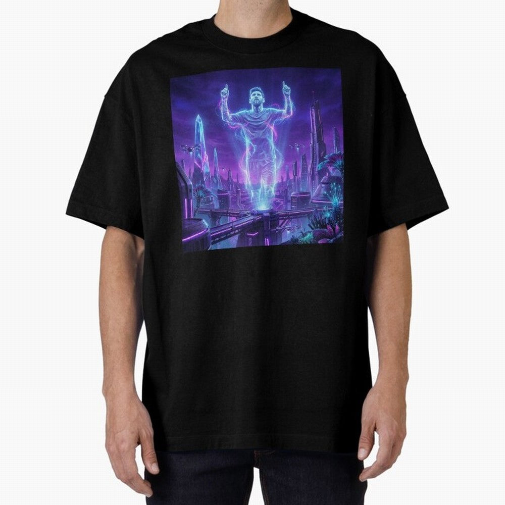 Lionel Messi (GOAT) Hologram in Futuristic Cyberpunk City (Version 2) Classic T-Shirt Show Up for the Glory of FIFA World Cup 2026 Filled with CR7 and Messi, Argentina and Brazil Energy, Championship Spirit, Famous Goals, Roaring Crowds and