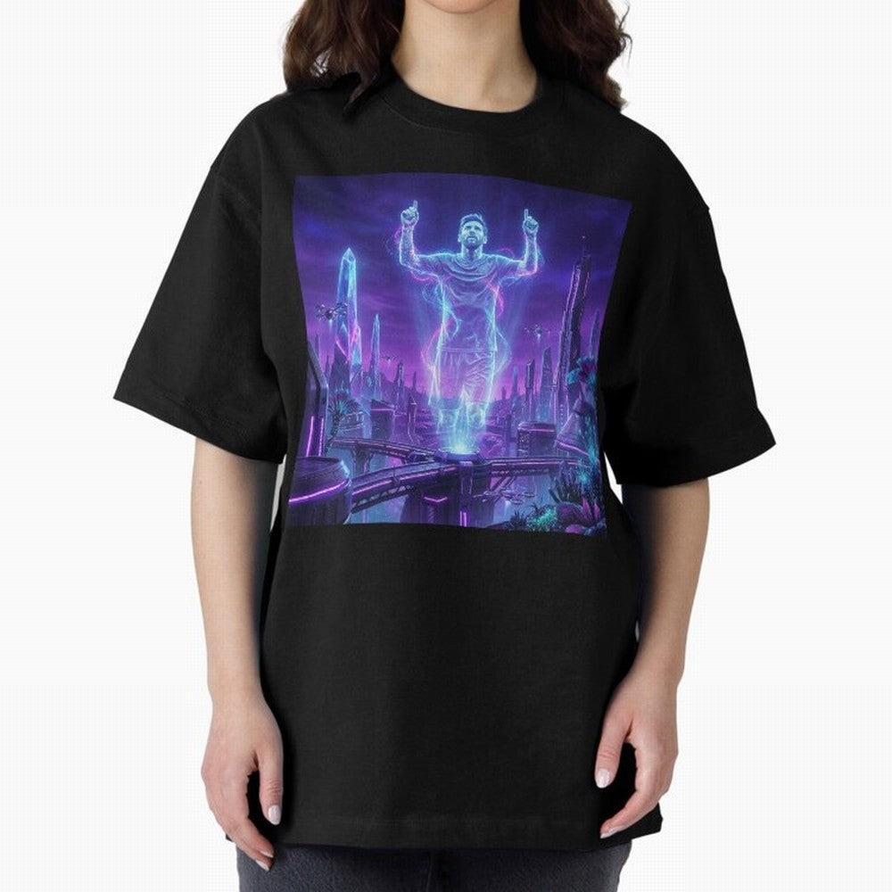 Lionel Messi (GOAT) Hologram in Futuristic Cyberpunk City (Version 2) Classic T-Shirt Show Up for the Glory of FIFA World Cup 2026 Filled with CR7 and Messi, Argentina and Brazil Energy, Championship Spirit, Famous Goals, Roaring Crowds and