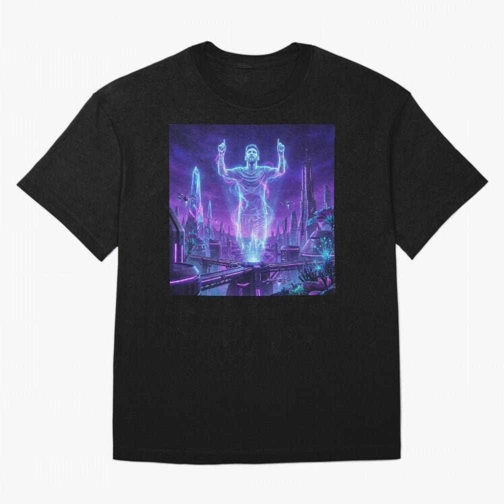Lionel Messi (GOAT) Hologram in Futuristic Cyberpunk City (Version 2) Classic T-Shirt Show Up for the Glory of FIFA World Cup 2026 Filled with CR7 and Messi, Argentina and Brazil Energy, Championship Spirit, Famous Goals, Roaring Crowds and