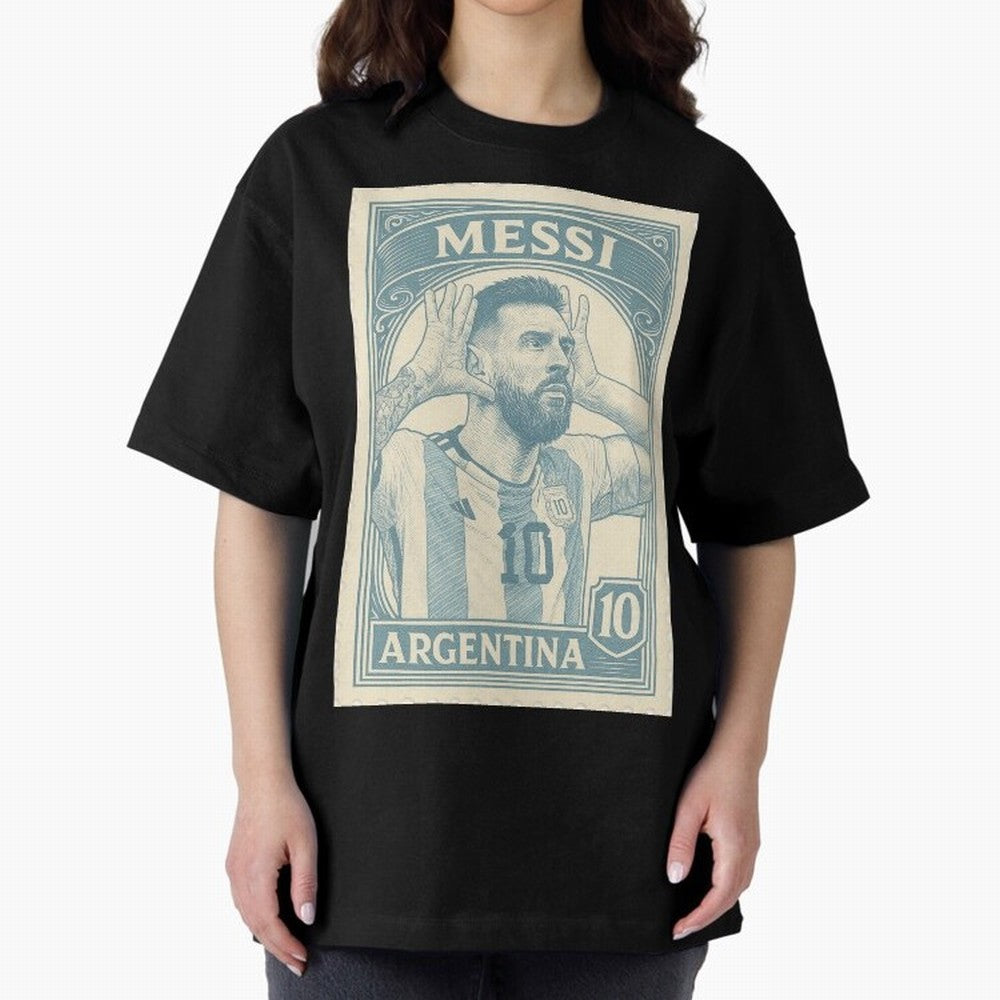 Lionel Messi Vintage Stamp Poster ¨C Argentina #10 Retro Football Art ¨C Barcelona Legend Illustration Classic T-Shirt Share FIFA World Cup 2026 USA Canada Mexico with Haaland and Mbappe, Argentina Energy, Game Day Rituals, Football Legends,