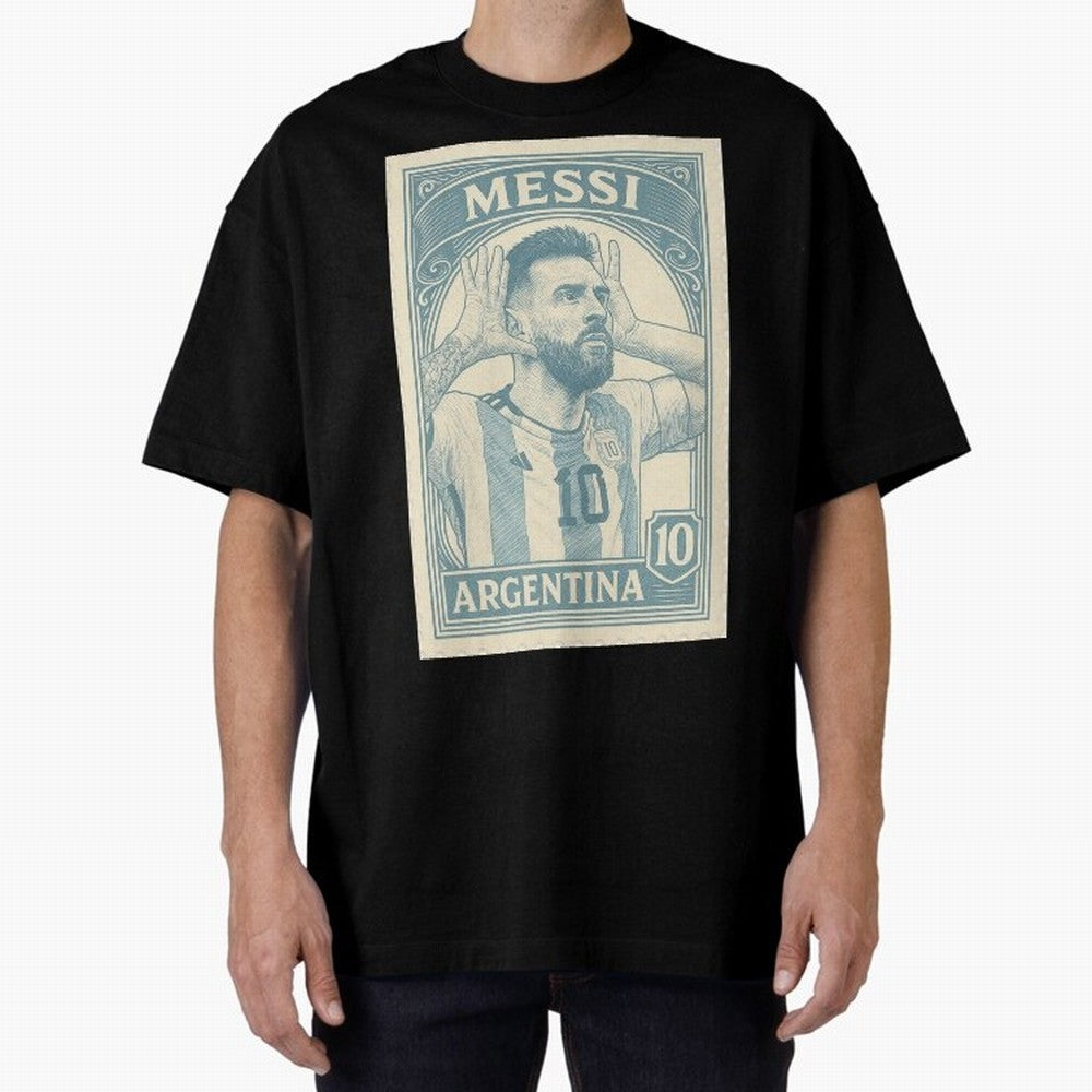 Lionel Messi Vintage Stamp Poster ¨C Argentina #10 Retro Football Art ¨C Barcelona Legend Illustration Classic T-Shirt Share FIFA World Cup 2026 USA Canada Mexico with Haaland and Mbappe, Argentina Energy, Game Day Rituals, Football Legends,