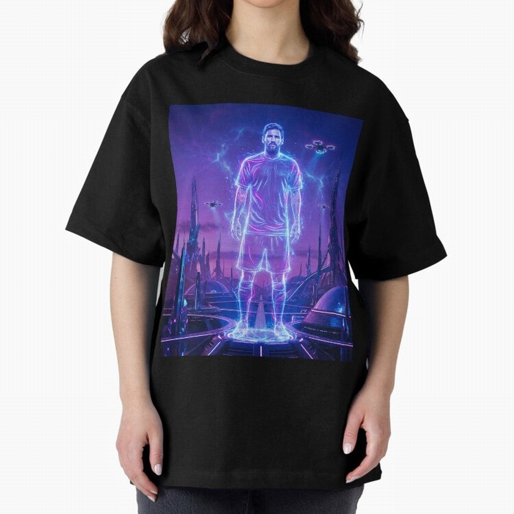 Lionel Messi (GOAT) Hologram in Futuristic Cyberpunk City (Version 4) Classic T-Shirt Bring Supporter Culture to FIFA World Cup 2026 USA Canada Mexico for Fans of Messi, Neymar and Mbappe and England, France and Netherlands, Bringing Football