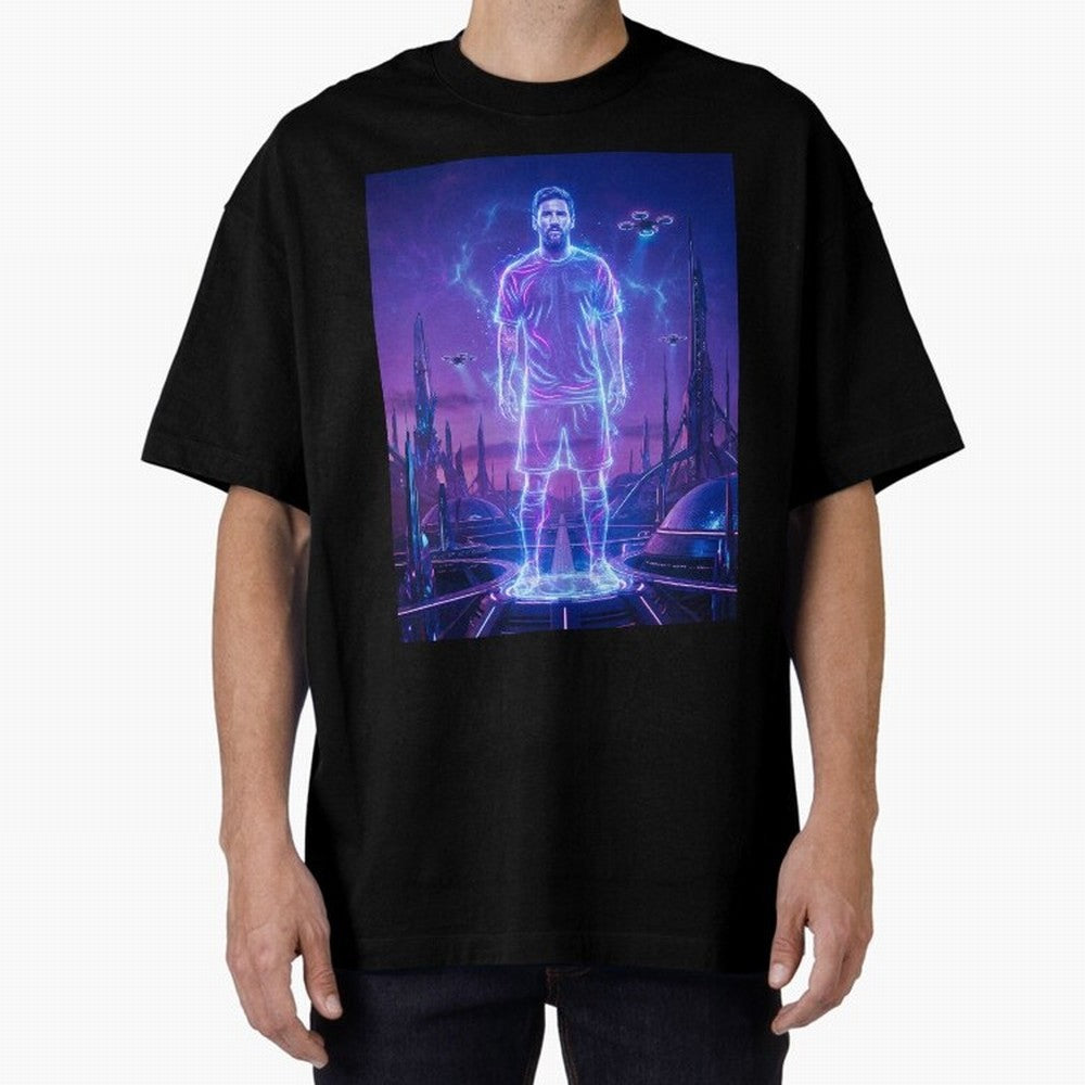 Lionel Messi (GOAT) Hologram in Futuristic Cyberpunk City (Version 4) Classic T-Shirt Bring Supporter Culture to FIFA World Cup 2026 USA Canada Mexico for Fans of Messi, Neymar and Mbappe and England, France and Netherlands, Bringing Football