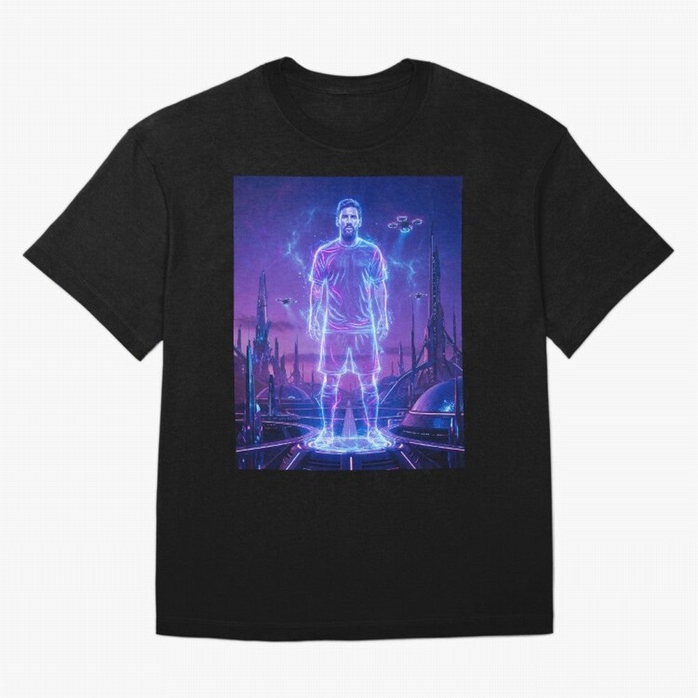 Lionel Messi (GOAT) Hologram in Futuristic Cyberpunk City (Version 4) Classic T-Shirt Bring Supporter Culture to FIFA World Cup 2026 USA Canada Mexico for Fans of Messi, Neymar and Mbappe and England, France and Netherlands, Bringing Football