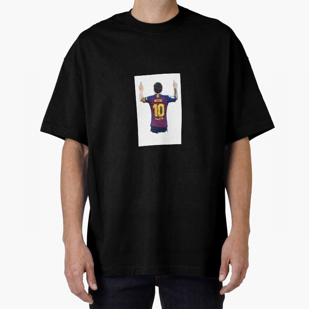 Lionel Messi Celebration Outline Barcelona FC Oversized T-Shirt Celebrate Soccer Greatness during the FIFA World Cup 2026 Group Stage Journey through Messi, Neymar and Mbappe Highlights, Spain and Netherlands Pride, Global Supporter Spirit,
