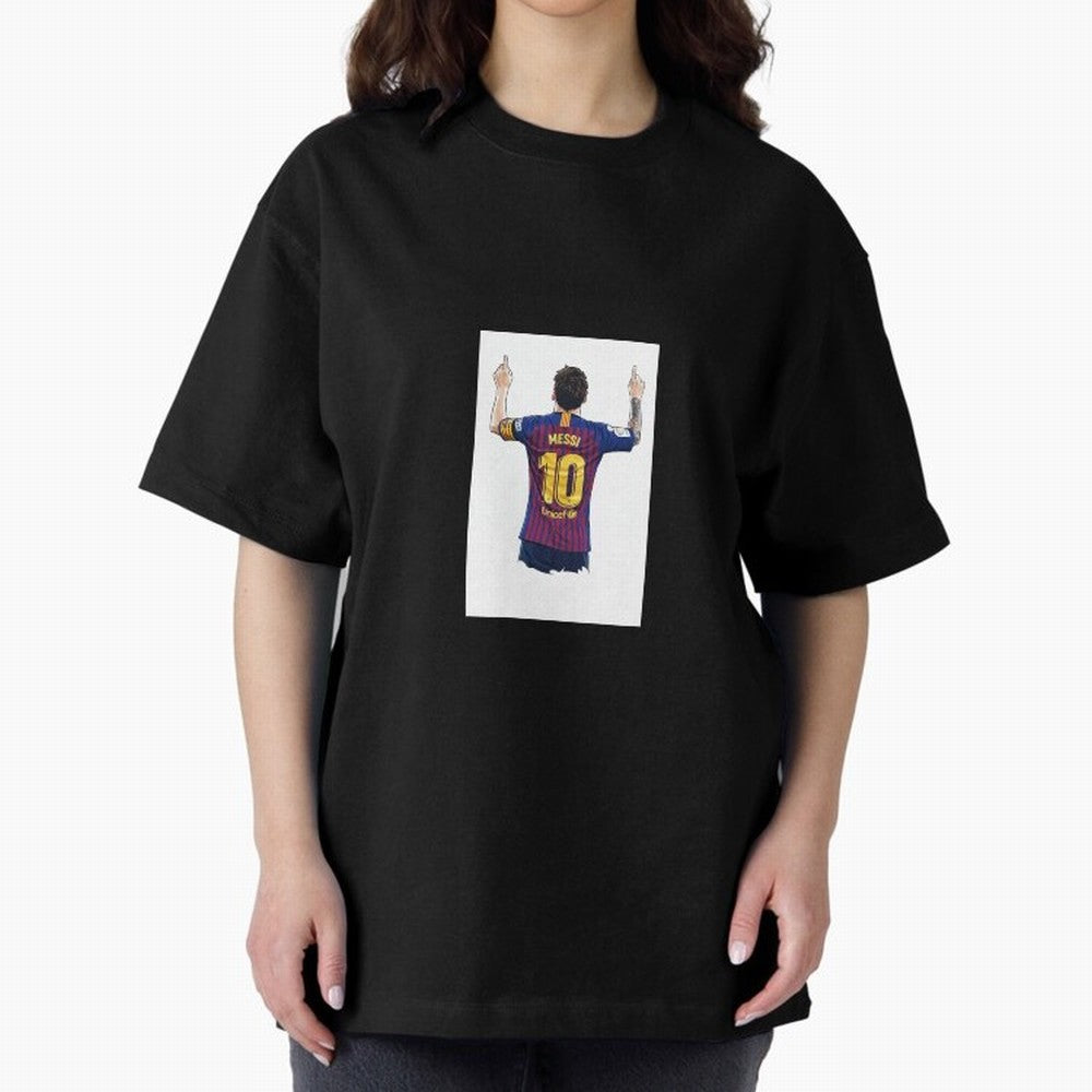 Lionel Messi Celebration Outline Barcelona FC Oversized T-Shirt Celebrate Soccer Greatness during the FIFA World Cup 2026 Group Stage Journey through Messi, Neymar and Mbappe Highlights, Spain and Netherlands Pride, Global Supporter Spirit,