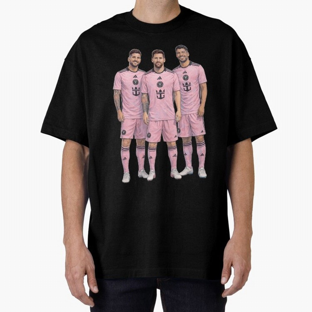 Messi, De Paul and Suarez Inter Miami artistic style ¨C MLS Soccer Oversized T-Shirt Bring Supporter Culture to Match Day Hype around FIFA World Cup 2026 USA Canada Mexico, CR7 and Messi, France and Portugal, Stadium Chants, National Pride, Trophy