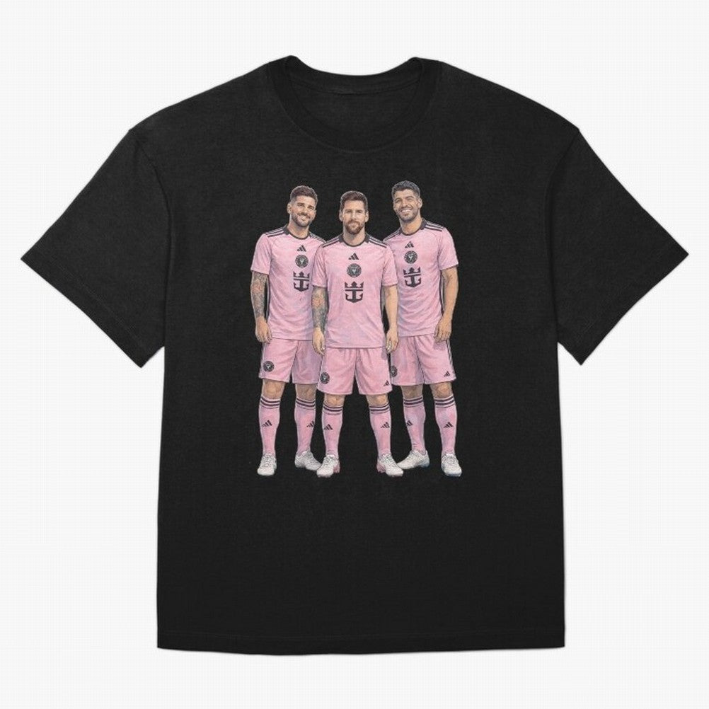 Messi, De Paul and Suarez Inter Miami artistic style ¨C MLS Soccer Oversized T-Shirt Bring Supporter Culture to Match Day Hype around FIFA World Cup 2026 USA Canada Mexico, CR7 and Messi, France and Portugal, Stadium Chants, National Pride, Trophy