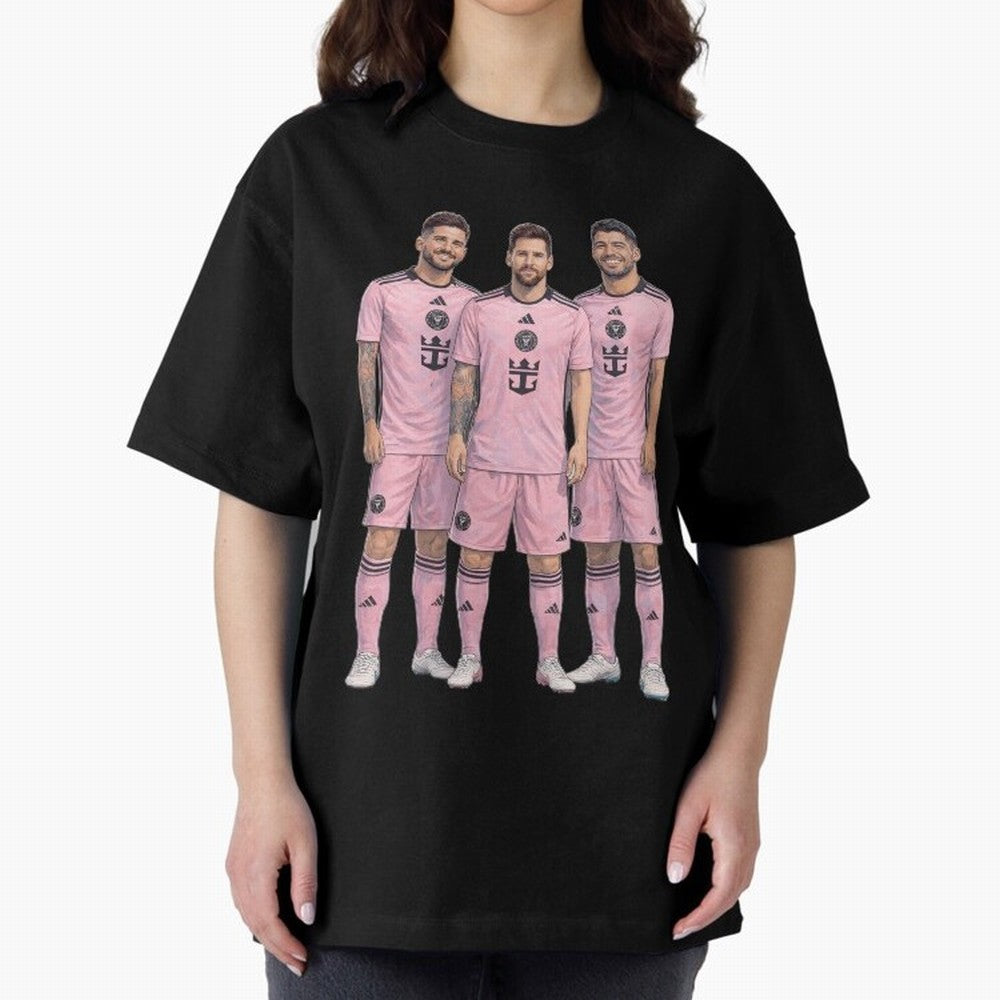 Messi, De Paul and Suarez Inter Miami artistic style ¨C MLS Soccer Oversized T-Shirt Bring Supporter Culture to Match Day Hype around FIFA World Cup 2026 USA Canada Mexico, CR7 and Messi, France and Portugal, Stadium Chants, National Pride, Trophy