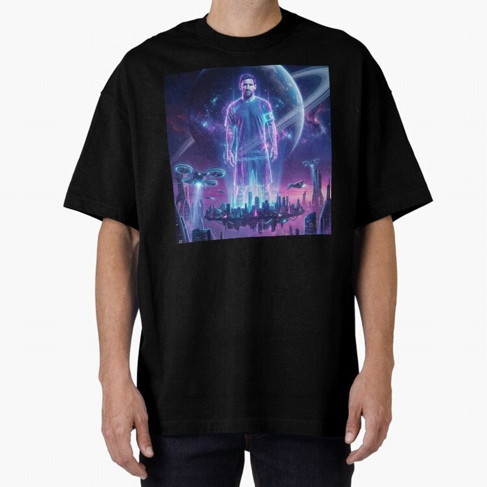 Lionel Messi (GOAT) Hologram in Futuristic Cyberpunk City (Version 3) Classic T-Shirt Celebrate Classic Football Spirit in Global Football Passion for FIFA World Cup 2026 USA Canada Mexico, Celebrating Mbappe and Neymar, Argentina, Game Day