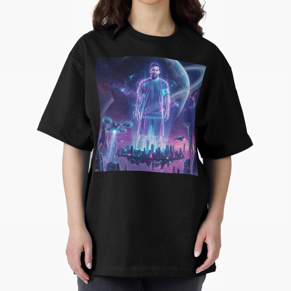 Lionel Messi (GOAT) Hologram in Futuristic Cyberpunk City (Version 3) Classic T-Shirt Celebrate Classic Football Spirit in Global Football Passion for FIFA World Cup 2026 USA Canada Mexico, Celebrating Mbappe and Neymar, Argentina, Game Day
